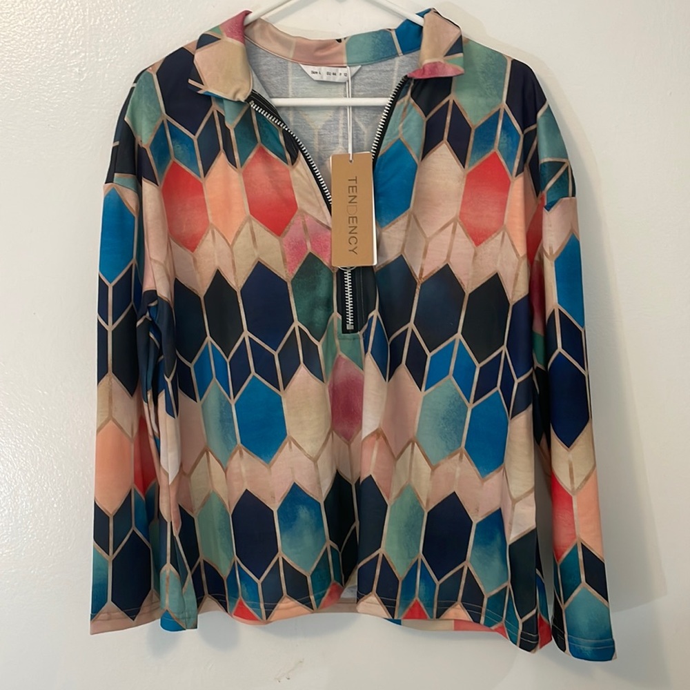 Tendency Geometric Print Long Sleeve Shirt Size L NWT zipper v neck boho